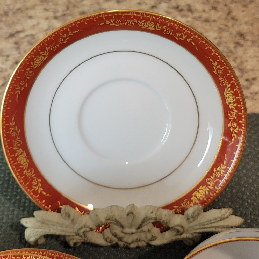Noritake Goldhill Japan Tea Cup and Saucer Set of 2‎ Red Gold Floral Trim - Picture 2 of 6